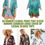 30 Womens Floral Print Puff Sleeve Kimono Cardigan Loose Cover Up Casual Blouse Tops
