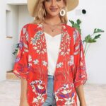30 Womens Floral Print Puff Sleeve Kimono Cardigan Loose Cover Up Casual Blouse Tops10