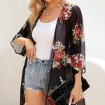 30 Womens Floral Print Puff Sleeve Kimono Cardigan Loose Cover Up Casual Blouse Tops14
