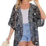 30 Womens Floral Print Puff Sleeve Kimono Cardigan Loose Cover Up Casual Blouse Tops17