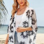 30 Womens Floral Print Puff Sleeve Kimono Cardigan Loose Cover Up Casual Blouse Tops18
