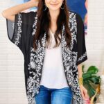 30 Womens Floral Print Puff Sleeve Kimono Cardigan Loose Cover Up Casual Blouse Tops19