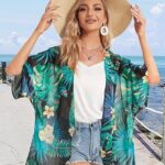 30 Womens Floral Print Puff Sleeve Kimono Cardigan Loose Cover Up Casual Blouse Tops23