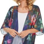 30 Womens Floral Print Puff Sleeve Kimono Cardigan Loose Cover Up Casual Blouse Tops24
