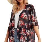30 Womens Floral Print Puff Sleeve Kimono Cardigan Loose Cover Up Casual Blouse Tops25