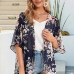 30 Womens Floral Print Puff Sleeve Kimono Cardigan Loose Cover Up Casual Blouse Tops6