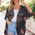 30 Womens Floral Print Puff Sleeve Kimono Cardigan Loose Cover Up Casual Blouse Tops9