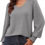 Dokotoo Womens Casual Long Sleeve Tops Shirred Shoulders Solid Color Knit Ribbed T Shirts Blouses 08