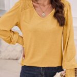 Dokotoo Womens Casual Long Sleeve Tops Shirred Shoulders Solid Color Knit Ribbed T Shirts Blouses 09