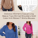 Dokotoo Womens Casual Long Sleeve Tops Shirred Shoulders Solid Color Knit Ribbed T Shirts Blouses