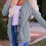 Fall Casual Long Sleeve Button Down Open Front Cable Knit Cardigan Sweater Coat for Women 2024 06
