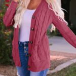 Fall Casual Long Sleeve Button Down Open Front Cable Knit Cardigan Sweater Coat for Women 2024 07