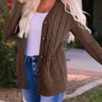 Fall Casual Long Sleeve Button Down Open Front Cable Knit Cardigan Sweater Coat for Women 2024 08