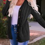 Fall Casual Long Sleeve Button Down Open Front Cable Knit Cardigan Sweater Coat for Women 2024 24