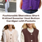 Fashionable Sleeveless Short Knitted Sweater Vest Button Cardigan with Pockets 00