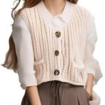 Fashionable Sleeveless Short Knitted Sweater Vest Button Cardigan with Pockets 04