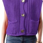 Fashionable Sleeveless Short Knitted Sweater Vest Button Cardigan with Pockets 05