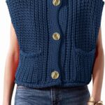 Fashionable Sleeveless Short Knitted Sweater Vest Button Cardigan with Pockets 10