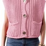 Fashionable Sleeveless Short Knitted Sweater Vest Button Cardigan with Pockets 11