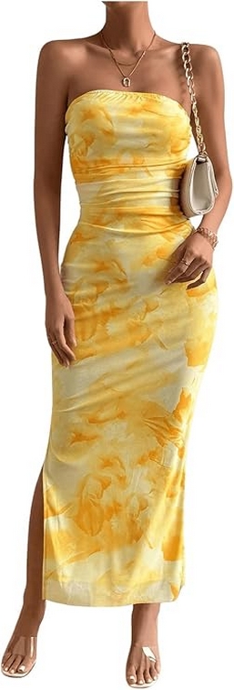 Inspiration Strapless Tube Top Maxi Bodycon Dress Printed Long Mesh Party Club Slit Dress 01