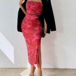 Inspiration Strapless Tube Top Maxi Bodycon Dress Printed Long Mesh Party Club Slit Dress 06