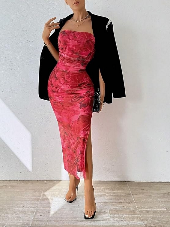 Inspiration Strapless Tube Top Maxi Bodycon Dress Printed Long Mesh Party Club Slit Dress 06