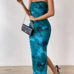 Inspiration Strapless Tube Top Maxi Bodycon Dress Printed Long Mesh Party Club Slit Dress 07