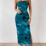 Inspiration Strapless Tube Top Maxi Bodycon Dress Printed Long Mesh Party Club Slit Dress 09