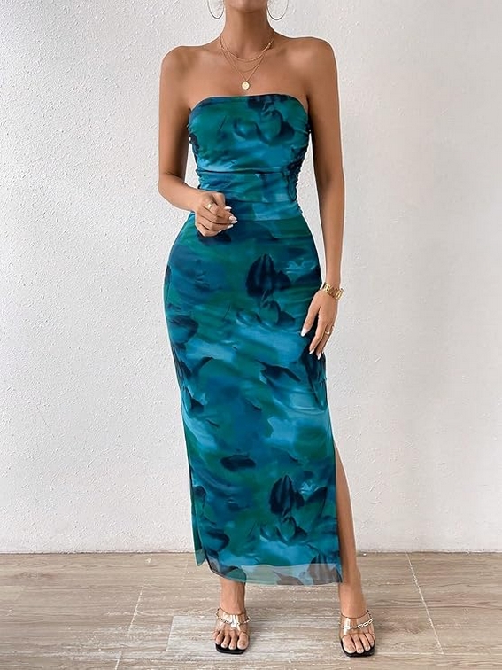 Inspiration Strapless Tube Top Maxi Bodycon Dress Printed Long Mesh Party Club Slit Dress 09