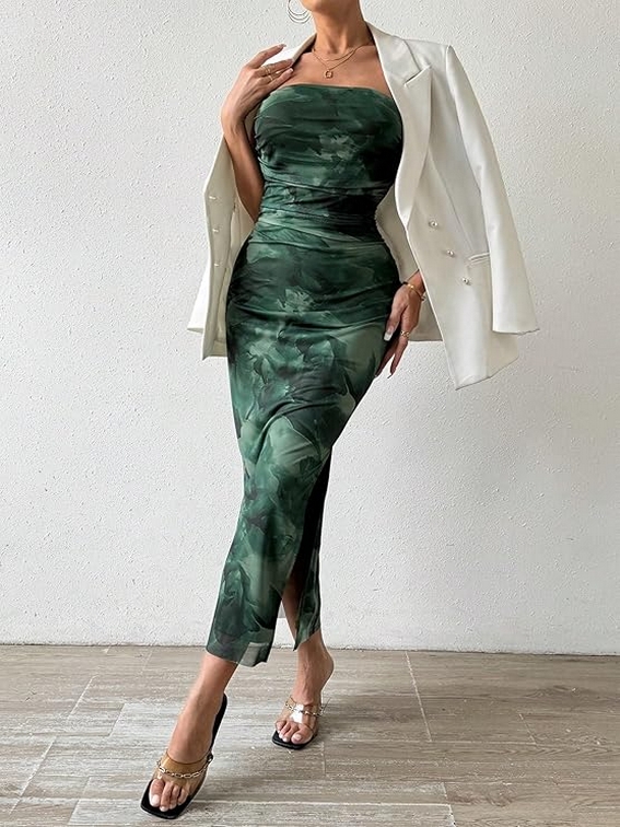 Inspiration Strapless Tube Top Maxi Bodycon Dress Printed Long Mesh Party Club Slit Dress 11