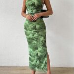 Inspiration Strapless Tube Top Maxi Bodycon Dress Printed Long Mesh Party Club Slit Dress 13