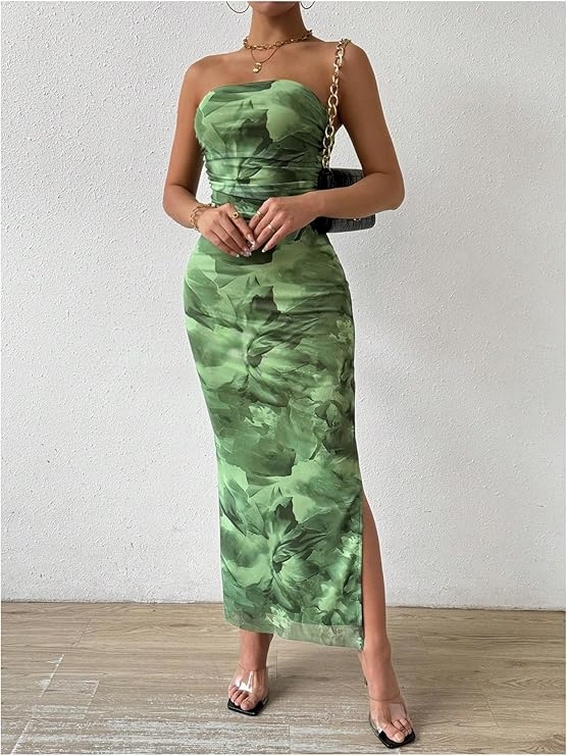 Inspiration Strapless Tube Top Maxi Bodycon Dress Printed Long Mesh Party Club Slit Dress 13
