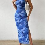 Inspiration Strapless Tube Top Maxi Bodycon Dress Printed Long Mesh Party Club Slit Dress 14