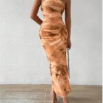 Inspiration Strapless Tube Top Maxi Bodycon Dress Printed Long Mesh Party Club Slit Dress 16