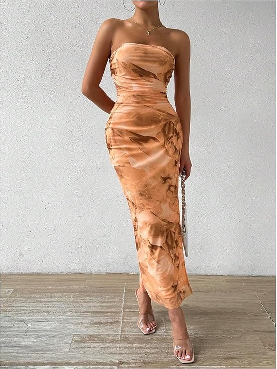 Inspiration Strapless Tube Top Maxi Bodycon Dress Printed Long Mesh Party Club Slit Dress 16