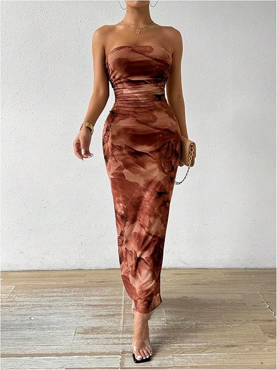 Inspiration Strapless Tube Top Maxi Bodycon Dress Printed Long Mesh Party Club Slit Dress 17