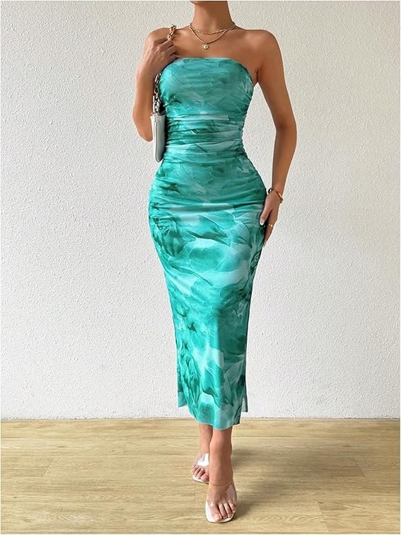 Inspiration Strapless Tube Top Maxi Bodycon Dress Printed Long Mesh Party Club Slit Dress 18