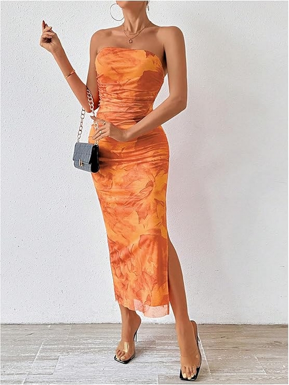 Inspiration Strapless Tube Top Maxi Bodycon Dress Printed Long Mesh Party Club Slit Dress 20