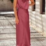 Summer Satin Dress Elegant Women 2024 Sleeveless Mock Neck Cocktail Party Maxi Dresses 24