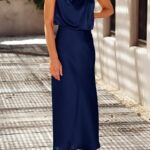 Summer Satin Dress Elegant Women 2024 Sleeveless Mock Neck Cocktail Party Maxi Dresses 32
