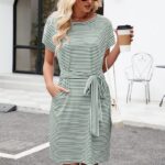 Summer Striped Short Sleeve T Shirt Dress Casual Tie Waist with Pockets 07