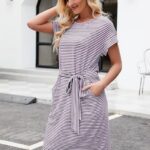 Summer Striped Short Sleeve T Shirt Dress Casual Tie Waist with Pockets 08