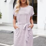 Summer Striped Short Sleeve T Shirt Dress Casual Tie Waist with Pockets 09