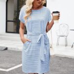 Summer Striped Short Sleeve T Shirt Dress Casual Tie Waist with Pockets 11