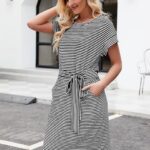 Summer Striped Short Sleeve T Shirt Dress Casual Tie Waist with Pockets 13