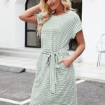 Summer Striped Short Sleeve T Shirt Dress Casual Tie Waist with Pockets 19