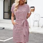 Summer Striped Short Sleeve T Shirt Dress Casual Tie Waist with Pockets 20