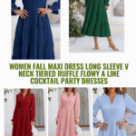 Women Fall Maxi Dress Long Sleeve V Neck Tiered Ruffle Flowy A Line Cocktail Party Dresses 00