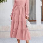 Women Fall Maxi Dress Long Sleeve V Neck Tiered Ruffle Flowy A Line Cocktail Party Dresses 06