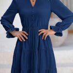 Women Fall Maxi Dress Long Sleeve V Neck Tiered Ruffle Flowy A Line Cocktail Party Dresses 09